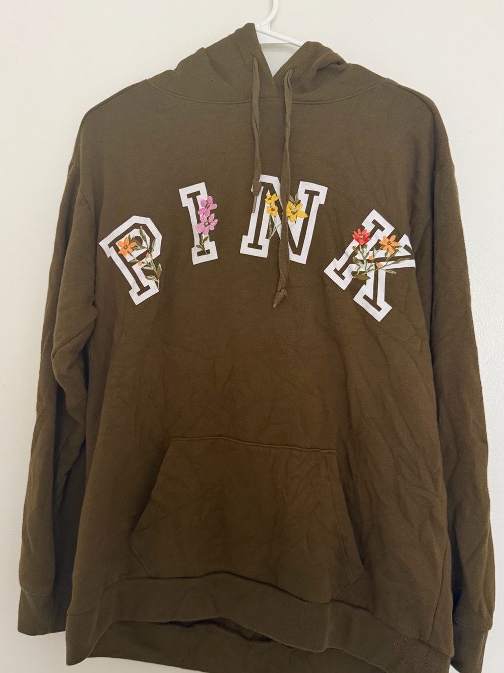 PINK Victoria's Secret Olive Green Floral Logo Hoodie Sweatshirt